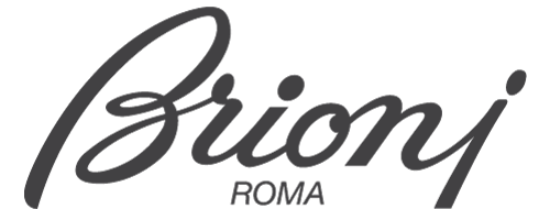 Brioni logo in cursive script with "Roma" beneath