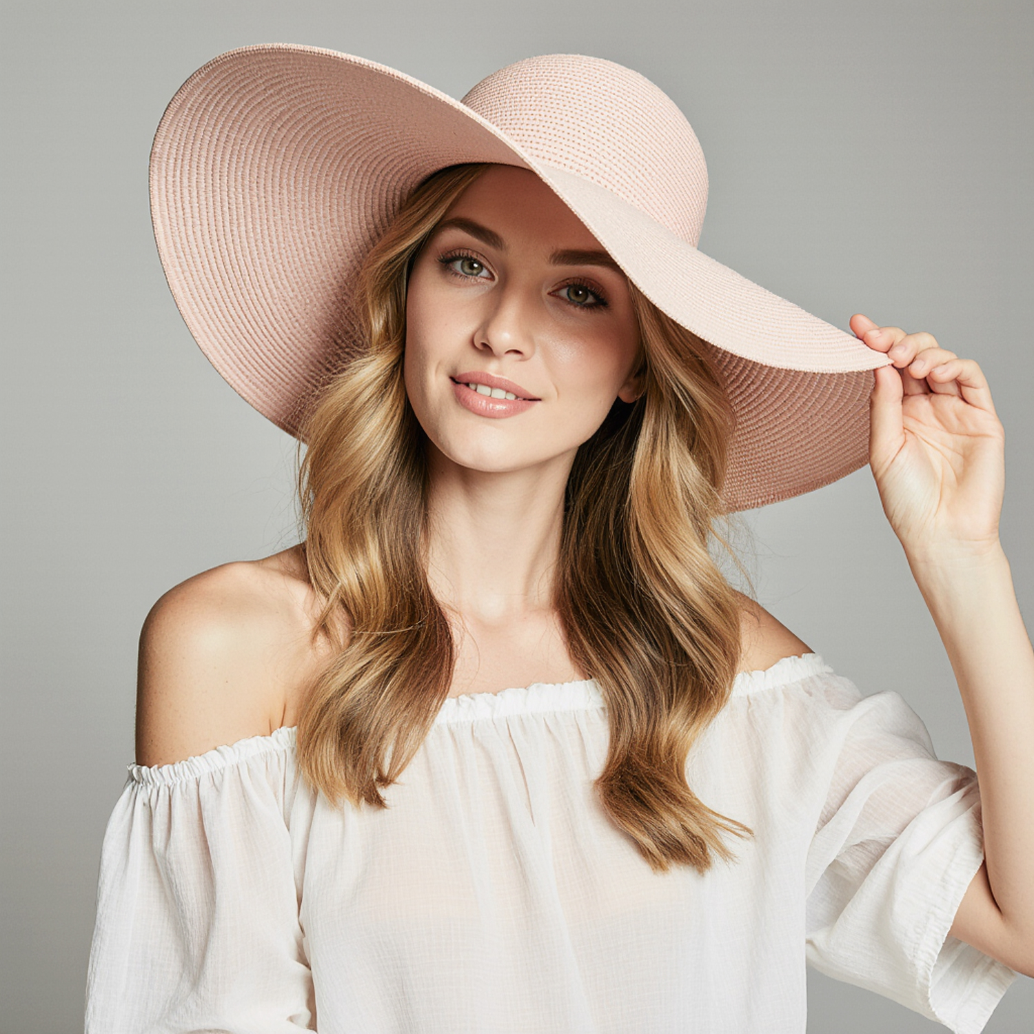 Woman in Off-Shoulder White Blouse and Pink Sun Hat Smiling in Aventura