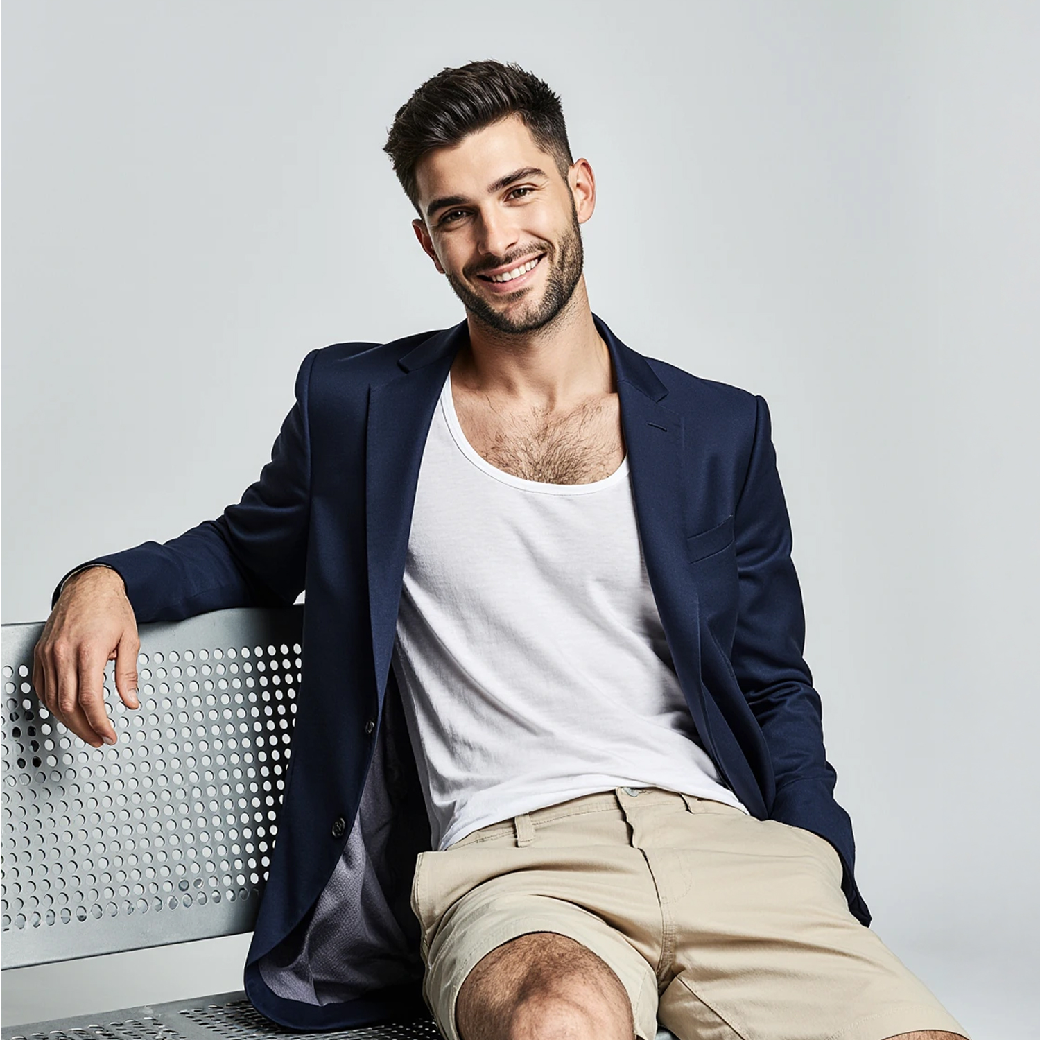 Man in a navy blazer and white tank top sitting on a silver bench, smiling confidently