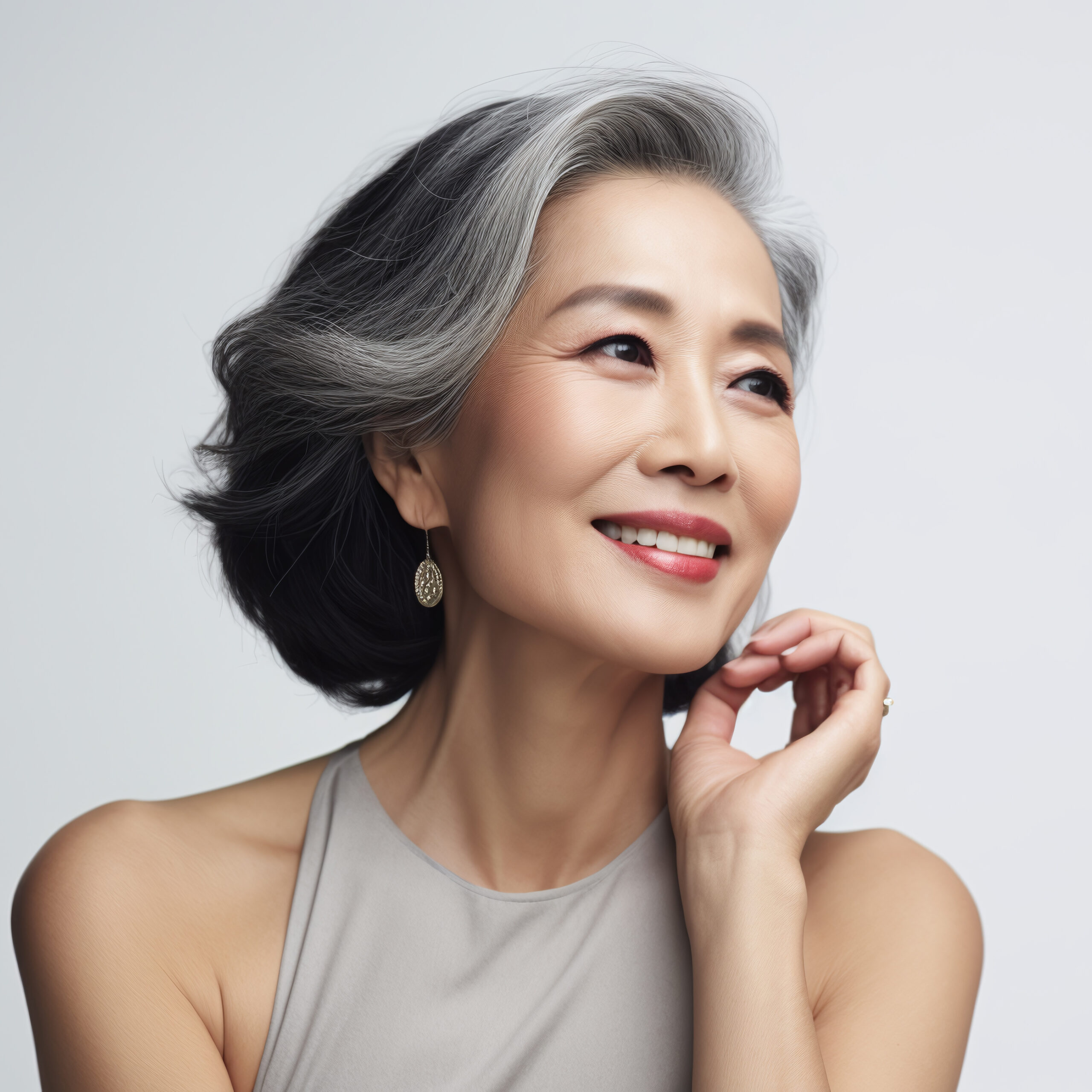 Elegant mature woman with silver hair and radiant smile, styled in soft neutrals, embodying sophistication in Sunny Isles