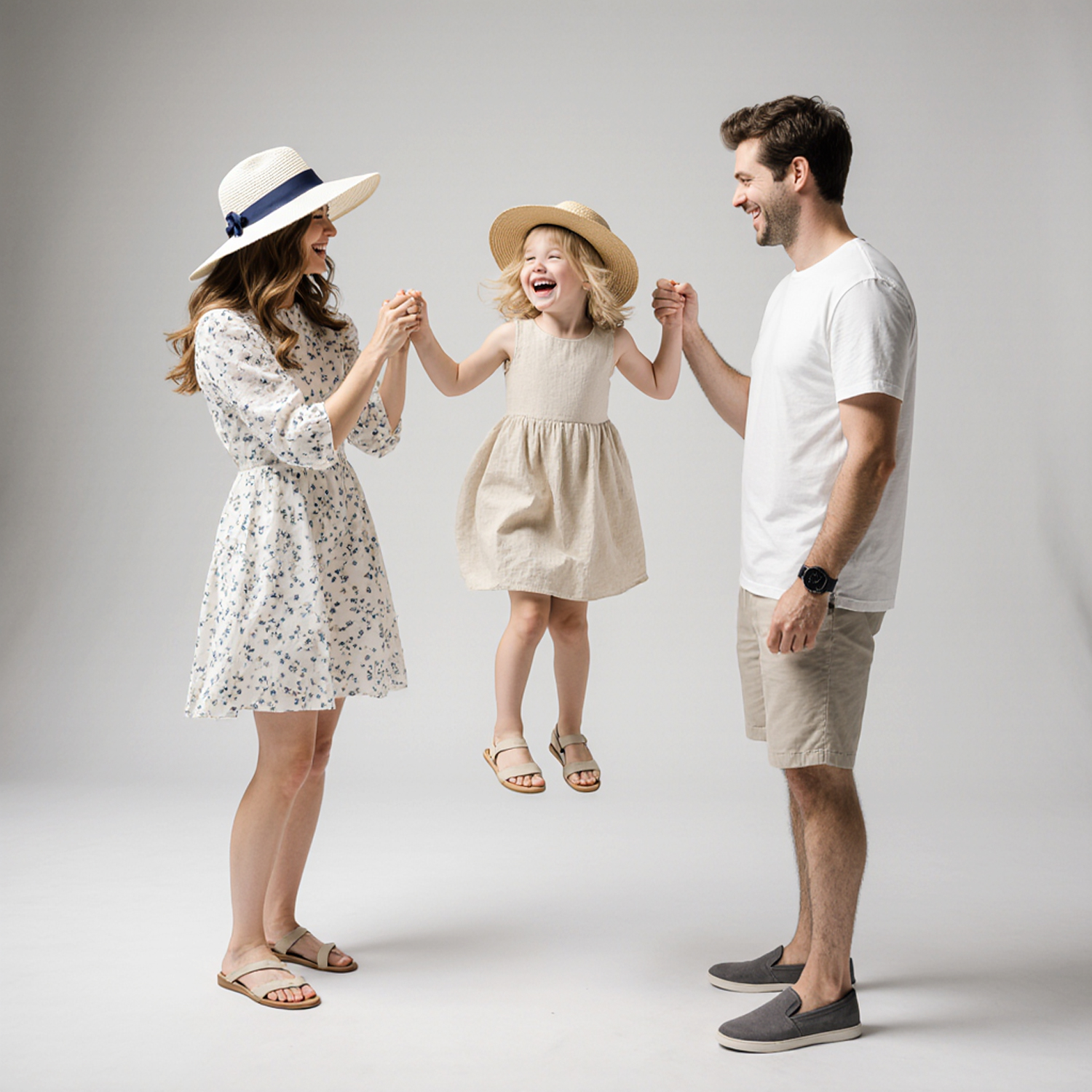 Smiling family playing together in neutral-toned summer outfits in studio setting