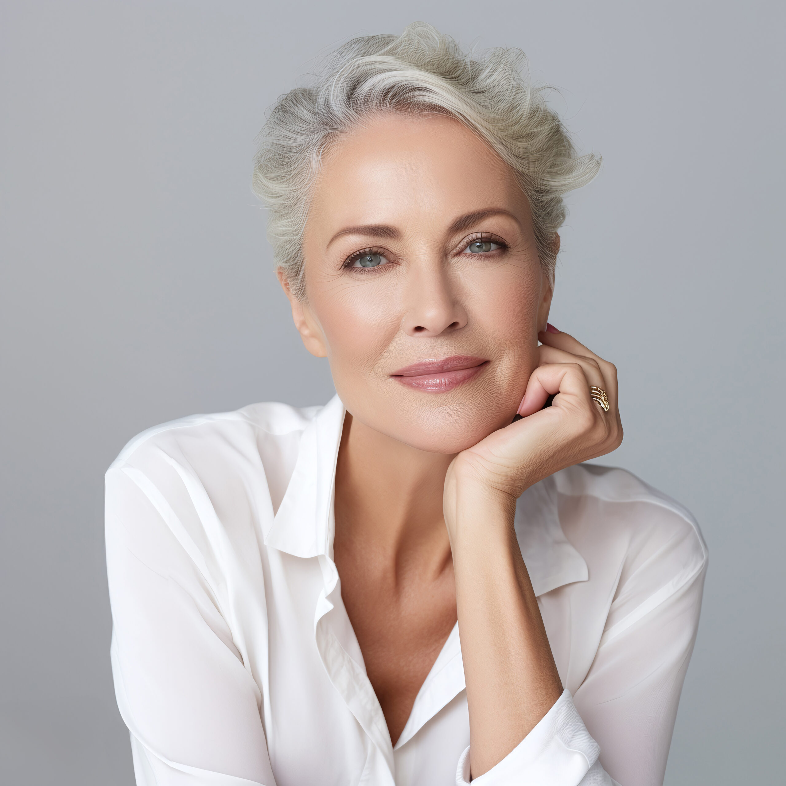 Elegant mature woman with silver hair posing confidently in Sunny Isles