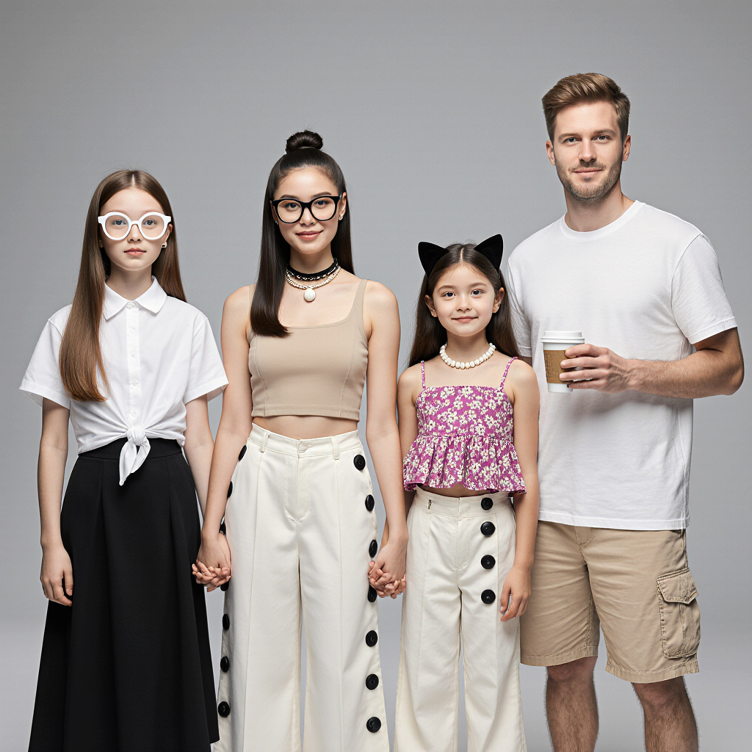 Fashion-forward family of four styled in modern casual outfits, posing in studio – Fort Lauderdale
